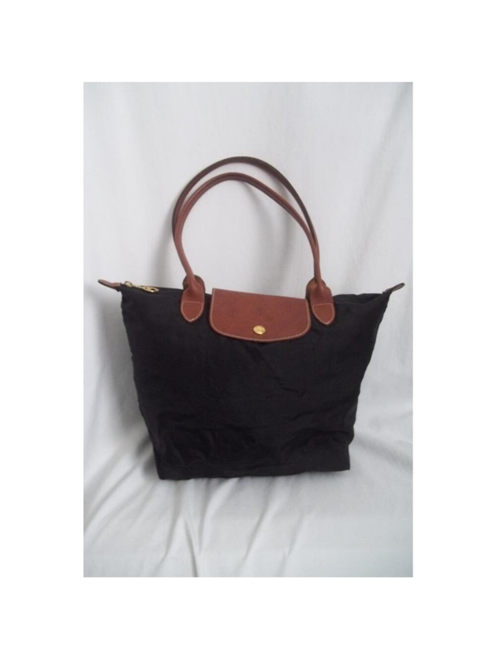 Longchamp Black Shoulder Tote with Brown Leather Handles